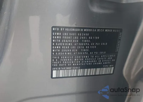 2021 Volkswagen Tiguan 2.0T Se/2.0T Se R-Line Black/2.0T Sel z USA, uszkodzony, nr VIN 3VV2B7AX3MM130642